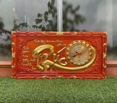 đồng hồ gỗ chữ phúc khung trạm dát vàng 41x81cm