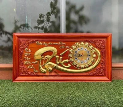 đồng hồ gỗ chữ phúc khung trơn dát vàng 41x81cm