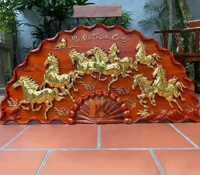 quạt gỗ mã đáo thành công dát vàng
