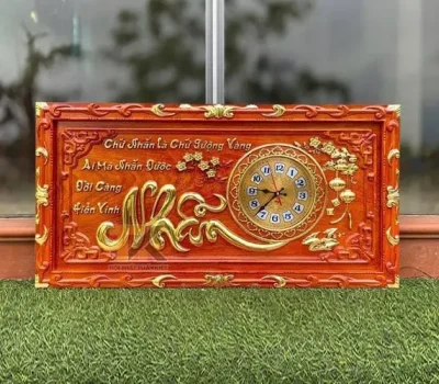 tranh đồng hồ chữ nhẫn khung trạm dát vàng 41x81cm