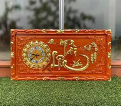 tranh đồng hồ gỗ chữ tài lộc khung trạm dát vàng 41x81cm