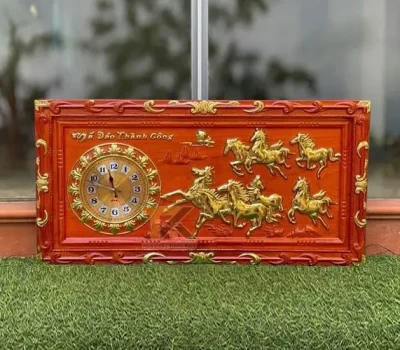 tranh đồng hồ mã đáo thành công khung trạm dát vàng 41x81cm