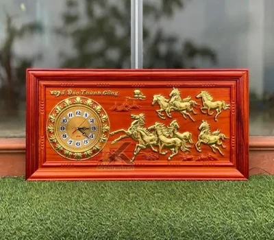 tranh đồng hồ mã đáo thành công khung trơn dát vàng 41x81cm