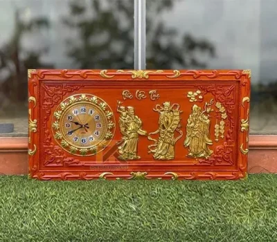 tranh gỗ đồng hồ phúc lộc thọ khung trạm dát vàng 41x81cm