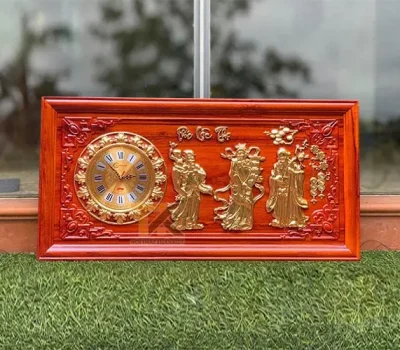 tranh gỗ đồng hồ phúc lộc thọ khung trơn dát vàng 41x81cm