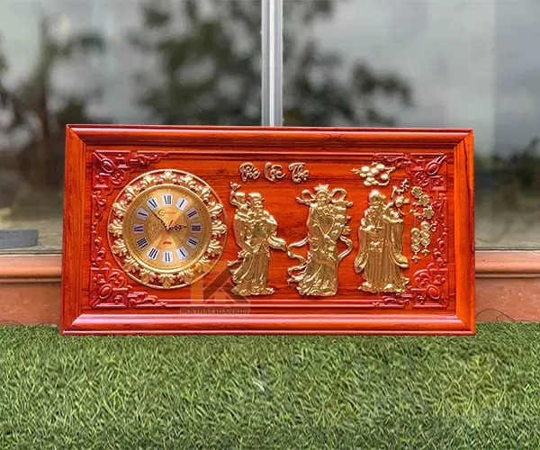 tranh-go-dong-ho-phuc-loc-tho-khung-tron-dat-vang-41x81cm tranh gỗ đồng hồ phúc lộc thọ khung trơn dát vàng 41x81cm