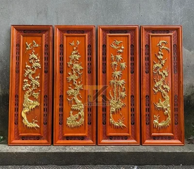 tranh gỗ tứ quý tùng cúc trúc mai mạ vàng