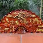 tranh quạt gỗ đồng quê dát vàng