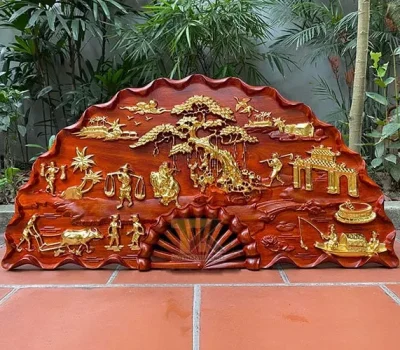 tranh quạt gỗ đồng quê dát vàng