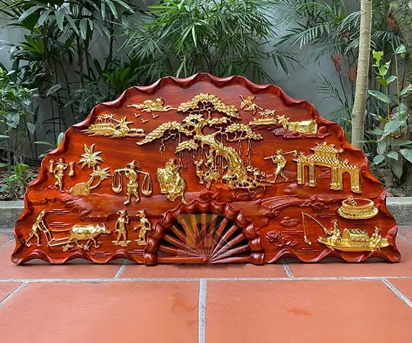 tranh-quat-go-dong-que-dat-vang tranh quạt gỗ đồng quê dát vàng