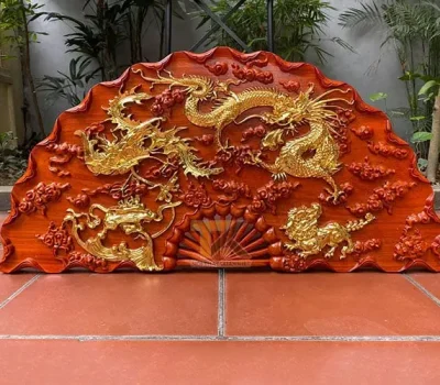 tranh quạt gỗ tứ linh dát vàng