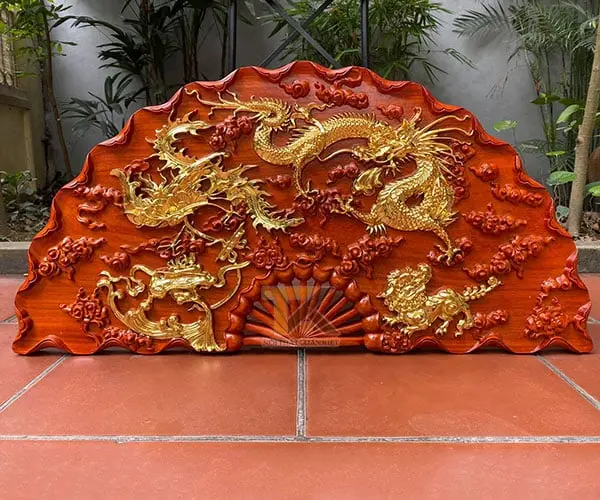 tranh-quat-go-tu-linh-dat-vang tranh quạt gỗ tứ linh dát vàng