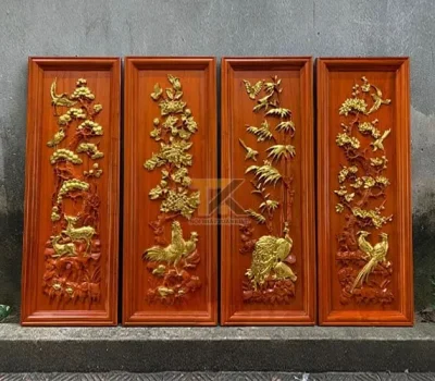 tranh tứ quý bằng gỗ cúc gà dát vàng