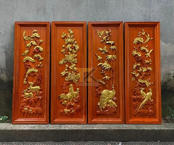 tranh-tu-quy-bang-go-cuc-ga-dat-vang tranh tứ quý bằng gỗ cúc gà dát vàng