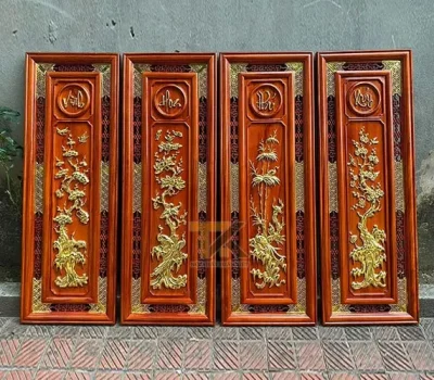 tranh tứ quý gỗ vinh hoa phú quý dát vàng