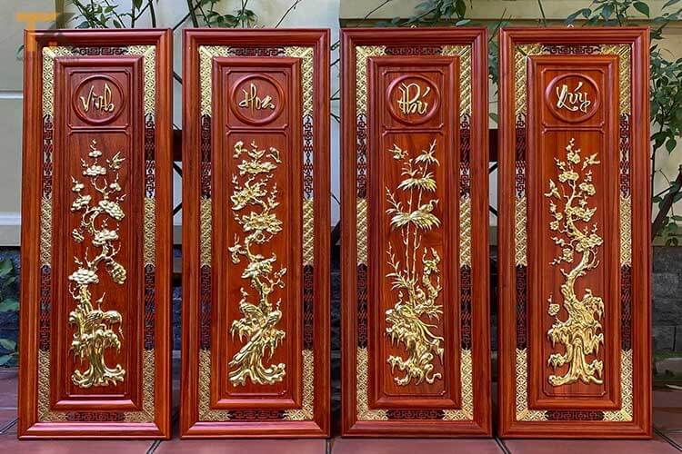 tranh tứ quý gỗ dát vàng