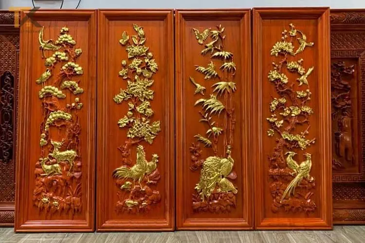 tranh gỗ tứ quý cúc gà dát vàng