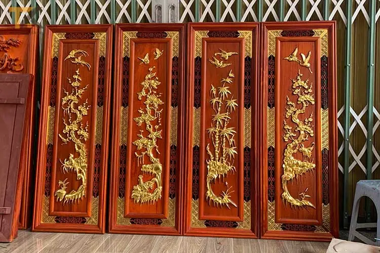tranh gỗ tứ quý tùng cúc trúc mai dát vàng