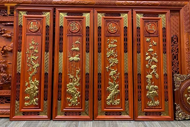 tranh gỗ tứ quý vinh hoa phú quý dát vàng