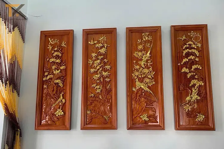 tranh gỗ tứ quý xuân hạ thu đông dát vàng
